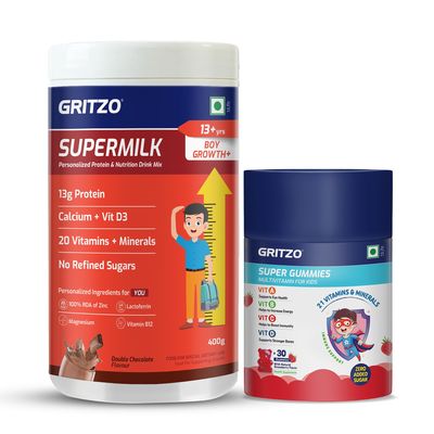 Gritzo SuperMilk Growth+ (Formerly Height+) (13+y Boys) (Double Chocolate, 400g) with Super Gummies (Strawberry, 30 Gummies) | Pack of 2