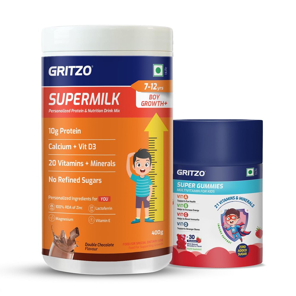 Gritzo SuperMilk Growth+ (Formerly Height+) (7-12y Boys) Powder with Super Gummies (Double Chocolate, 400g & Strawberry, 30 Gummies) (Combo Pack)