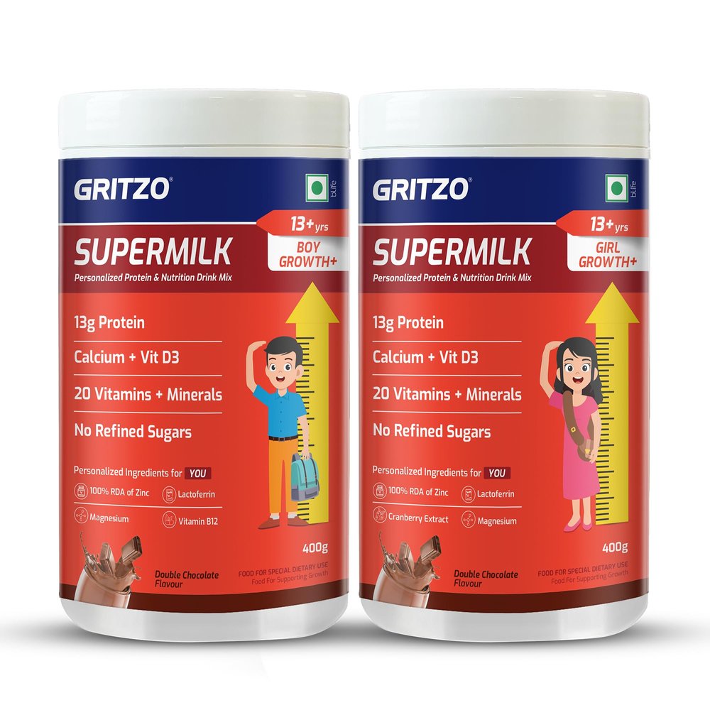 Gritzo SuperMilk Growth+ (Formerly Height+) (13+y Boys & Girls), 13g Protein Powder (Double Chocolate, 2x400g) | Pack of 2