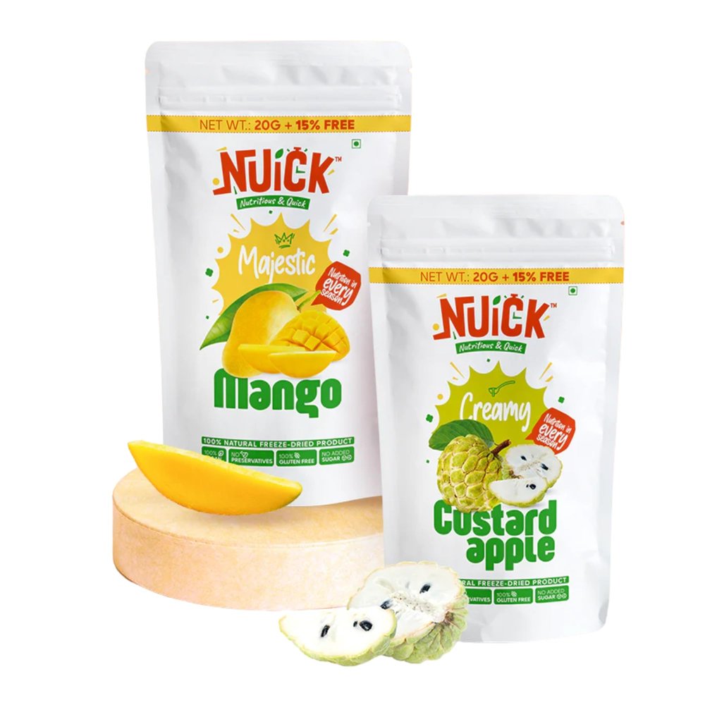 NUICK Combo of Freeze Dried Mango and Custard Apple | Pack of 2 | 100% Natural fruit, No Preservative, No Added Sugar, Not Frozen | Nutritious and Crunchy Snacks