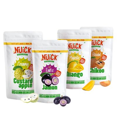 NUICK Combo of Freeze Dried Mango, Chikoo, Custard Apple & Jamun | Pack of 4 | 100% Natural fruit, No Preservative, No Added Sugar, Not Frozen | Nutritious & Crunchy Snack