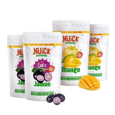 NUICK 2 Packs each of Freeze Dried Mango and Jamun | Pack of 4 | 100% Natural fruit, No Preservative, No Added Sugar, Not Frozen | Nutritious and Crunchy Snacks