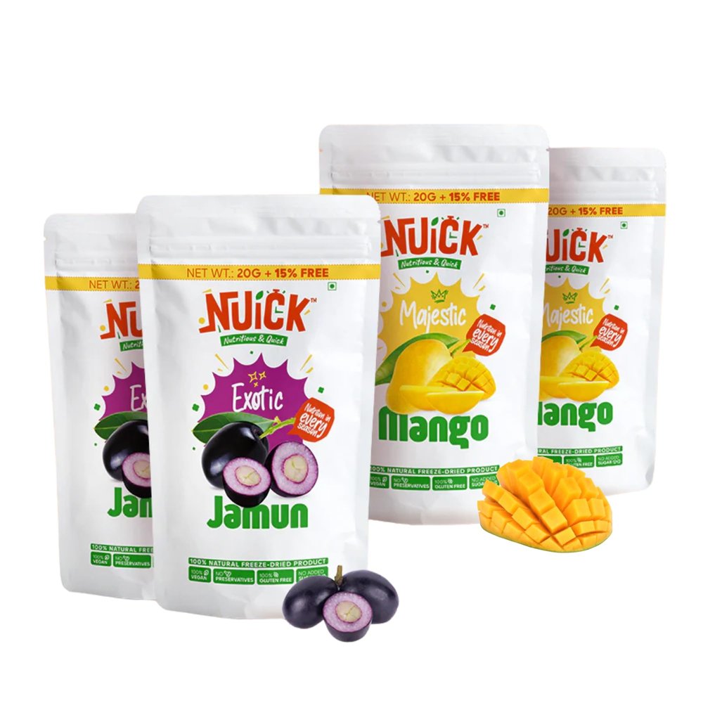 NUICK 2 Packs each of Freeze Dried Mango and Jamun | Pack of 4 | 100% Natural fruit, No Preservative, No Added Sugar, Not Frozen | Nutritious and Crunchy Snacks