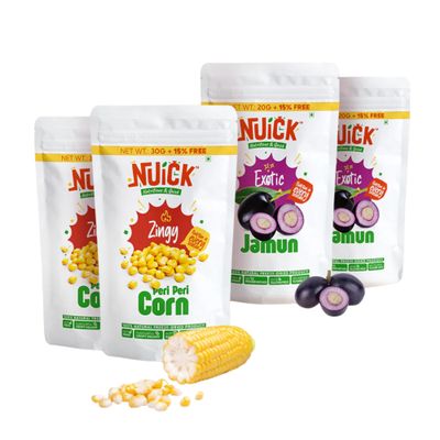 NUICK 2 Packs each of Freeze Dried Jamun and Peri-Peri Corn | Pack of 4 | Not Baked, Not Fried, Not Frozen | Rich source of Protein and Fibre | Nutritious and Crunchy Snacks