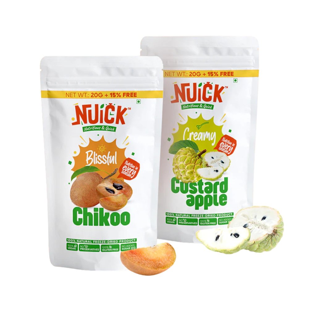 NUICK Combo of Freeze Dried Chikoo and Custard Apple | Pack of 2 | 100% Natural fruit, No Preservative, No Added Sugar, Not Frozen | Nutritious and Crunchy Snacks