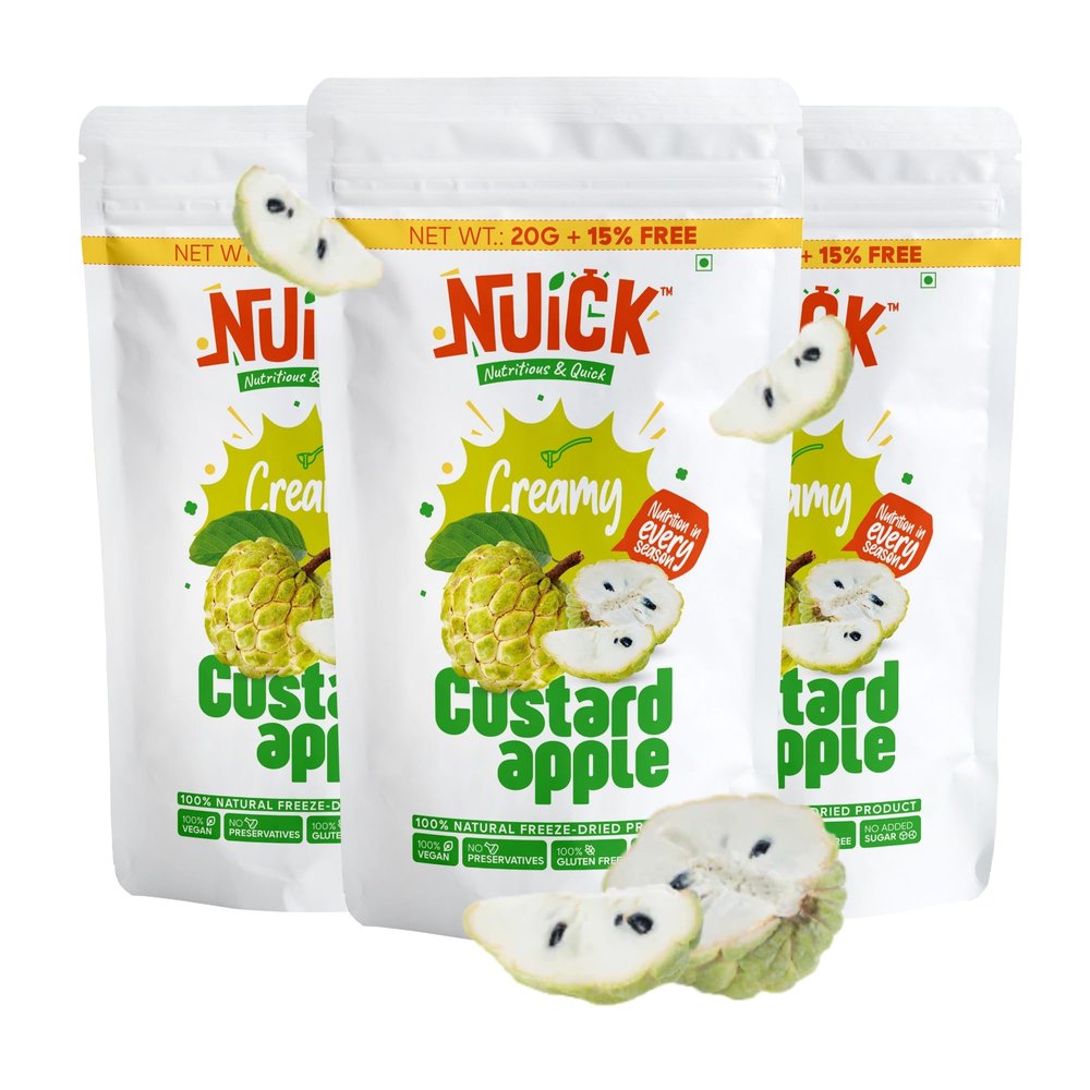 NUICK Freeze Dried Custard Apple | Pack of 3 | 100% Natural fruit, No Preservative, No Added Sugar, Not Frozen | Nutritious and Crunchy Snacks for Kids and Adults