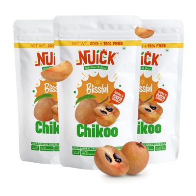 NUICK Freeze Dried Chikoo | Pack of 3 | 100% Natural fruit, No Preservative, No Added Sugar, Not Frozen | Nutritious and Crunchy Snacks for Kids and Adults