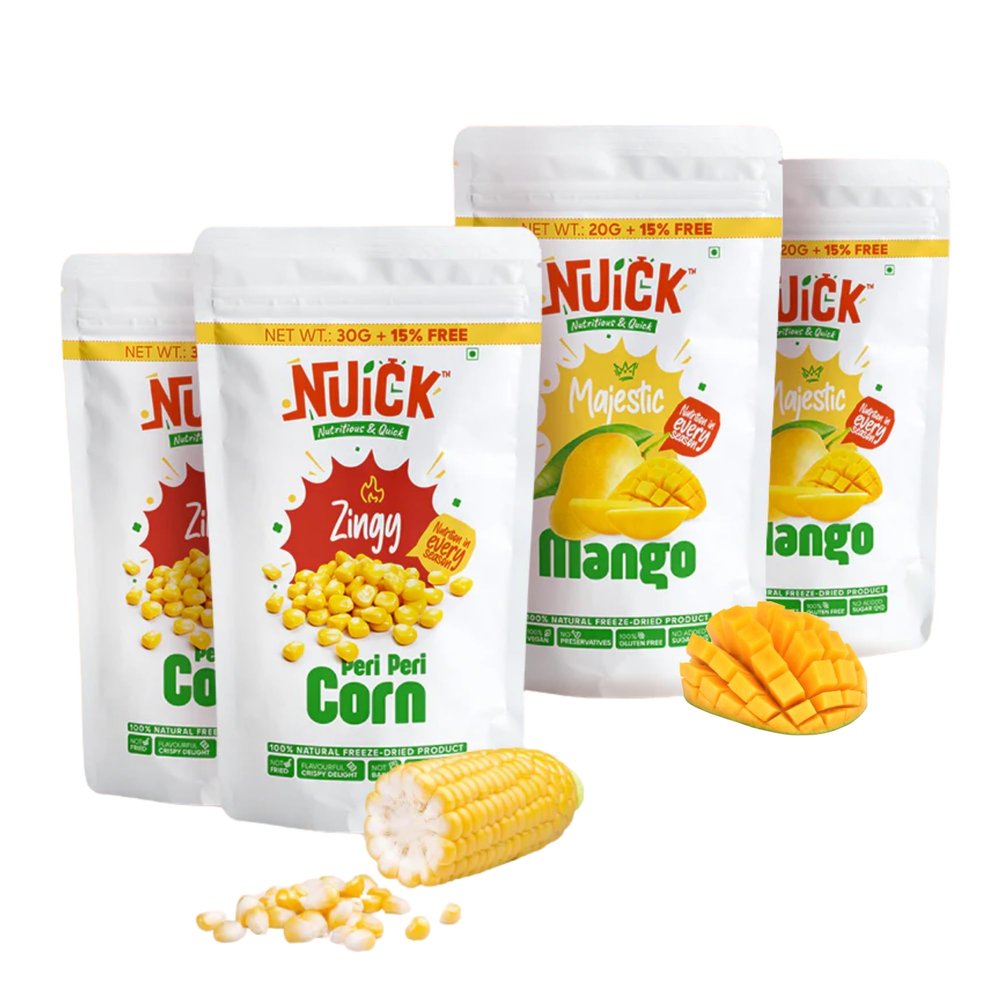 NUICK 2 Packs each of Freeze Dried Mango and Peri-Peri Corn | Pack of 4 | Not Baked, Not Fried, Not Frozen | Rich source of Protein and Fibre | Nutritious and Crunchy Snacks