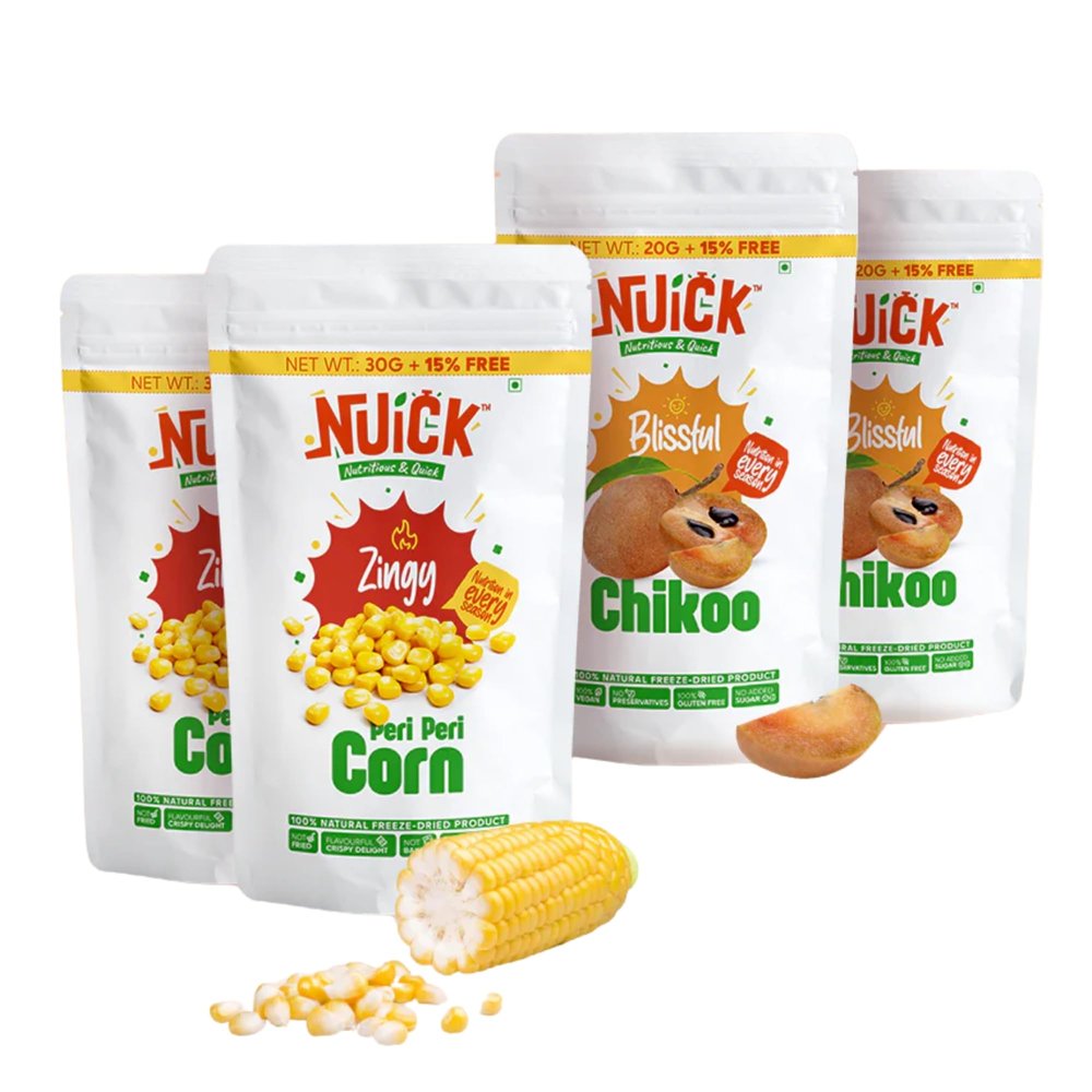 NUICK 2 Packs each of Freeze Dried Chikoo and Peri-Peri Corn | Pack of 4 | Not Baked, Not Fried, Not Frozen | Rich source of Protein and Fibre | Nutritious and Crunchy Snacks