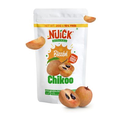 NUICK Freeze Dried Chikoo Slices | 23g Pouch | 100% Natural fruit, No Preservative, No Added Sugar, Not Frozen | Nutritious and Crunchy Snacks for Kids and Adults