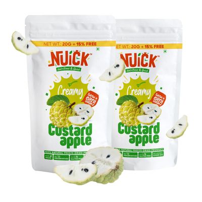 NUICK Freeze Dried Custard Apple | Pack of 2 | 100% Natural fruit, No Preservative, No Added Sugar, Not Frozen | Nutritious and Crunchy Snacks for Kids and Adults