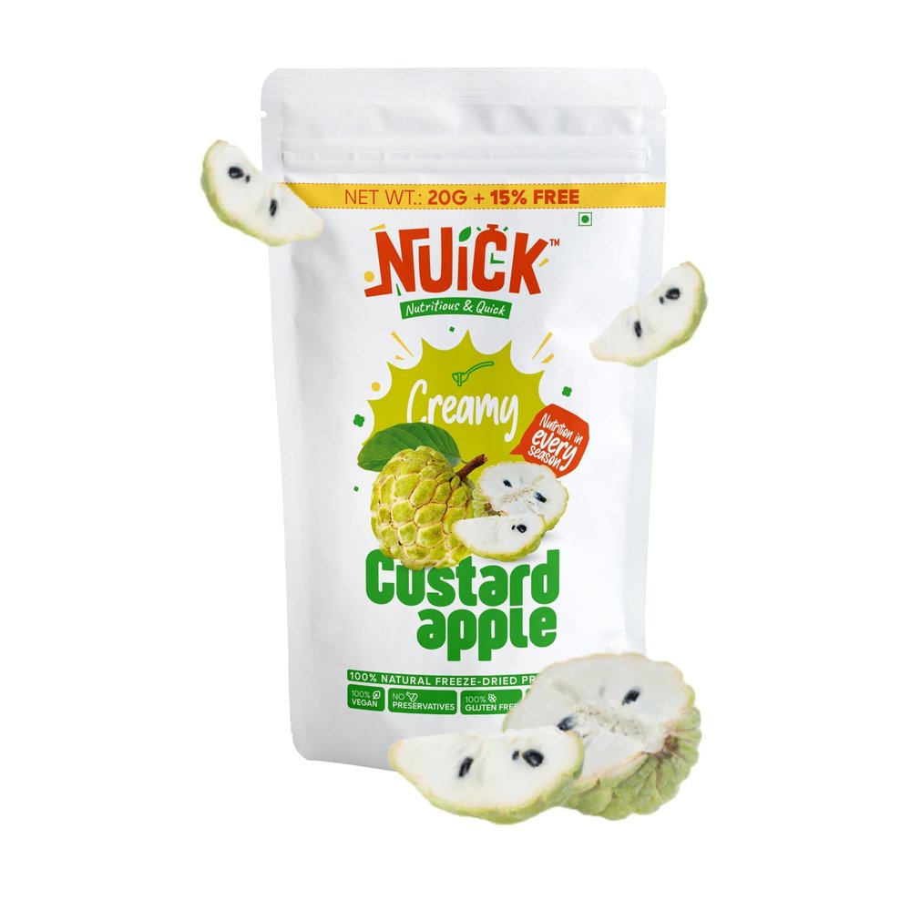 NUICK Freeze Dried Custard Apple Chunks | 23g Pouch | 100% Natural fruit, No Preservative, No Added Sugar, Not Frozen | Nutritious and Crunchy Snacks for Kids and Adults