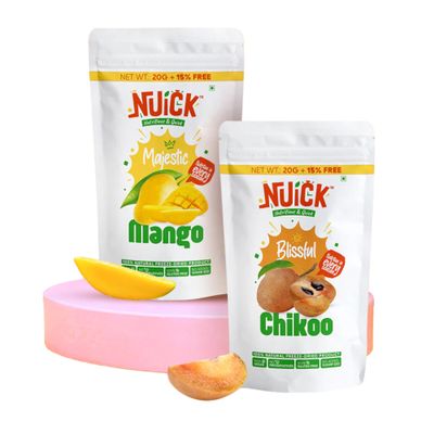 NUICK Combo of Freeze Dried Mango and Chikoo | Pack of 2 | 100% Natural fruit, No Preservative, No Added Sugar, Not Frozen | Nutritious and Crunchy Snacks