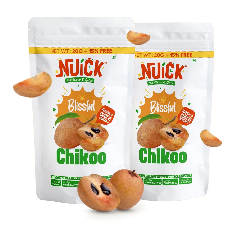 NUICK Freeze Dried Chikoo | Pack of 2 | 100% Natural fruit, No Preservative, No Added Sugar, Not Frozen | Nutritious and Crunchy Snacks for Kids and Adults