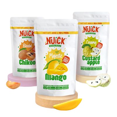 NUICK Combo of Freeze Dried Mango, Chikoo and Custard Apple | Pack of 3 | 100% Natural fruit, No Preservative, No Added Sugar, Not Frozen | Nutritious and Crunchy Snacks