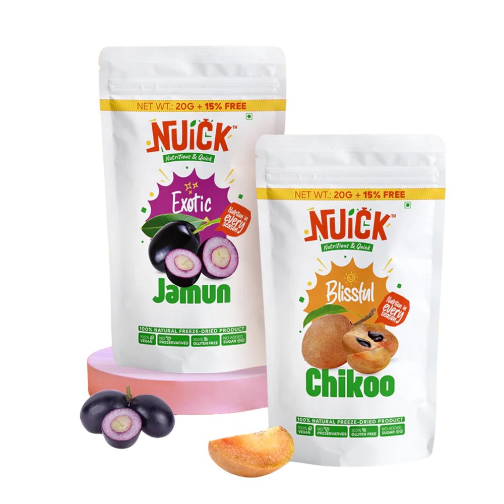 NUICK Combo of Freeze Dried Chikoo and Jamun | Pack of 2 | 100% Natural fruit, No Preservative, No Added Sugar, Not Frozen | Nutritious and Crunchy Snacks for Kids and Adults