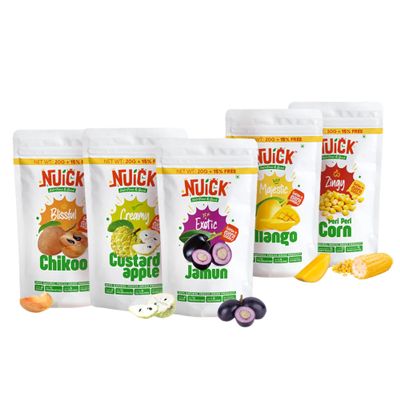 NUICK Combo of Freeze Dried Mango, Chikoo, Custard Apple, Jamun & Peri-Peri Corn | Pack of 5 | Not Baked, Not Fried, Not Frozen | Nutritious and Crunchy Snack