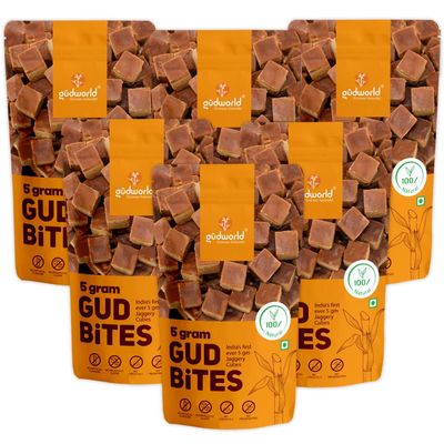 Gudworld Jaggery Cubes I 5 Gram Gud Bites I 1500 gm (Pack of 6 x 250 gm) I Sugarcane Jaggery I Bite Size Small Jaggery Cubes I Healthy Sugar Alternative I Natural Jaggery I Chemical Free Jaggery