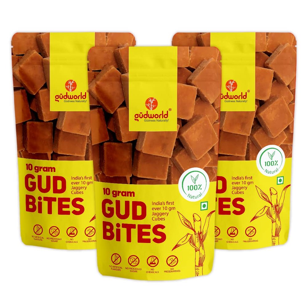 Gudworld 10g Gud Bites 750 gm (250 gm x Pack of 3) | Jaggery Cubes | Small Bite Size Gud Cubes | Sugar Alternative | 100% Natural | Chemical Free Jaggery