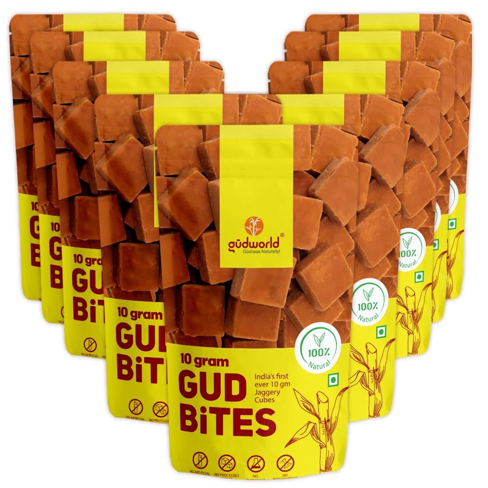 Gudworld 10g Gud Bites 2.5 Kg (250 gm x Pack of 10) | Jaggery Cubes | Small Bite Size Gud Cubes | Sugar Alternative | 100% Natural | Chemical Free