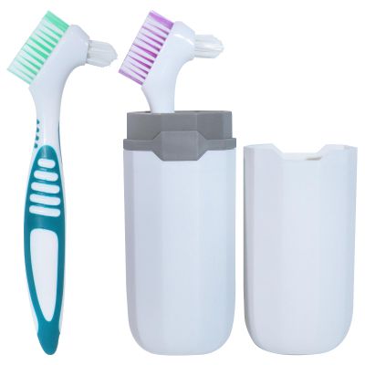 NUTLET 2Pcs Denture Brush False Teeth Toothbrush with 1 White Carrying Case, Effective Denture Cleaning Brush with Multi-Layered Soft Bristles,Green and Purple