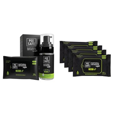Pee Safe Intimate Wash (100ml) & Intimate Wipes (Pack of 10) For Ever Lasting Freshness 100% Paraben And Sulfate Free & Pee Safe Intimate Wipes for Men,Biodegradable,pH balanced -40 Wipes (Pack of 4)