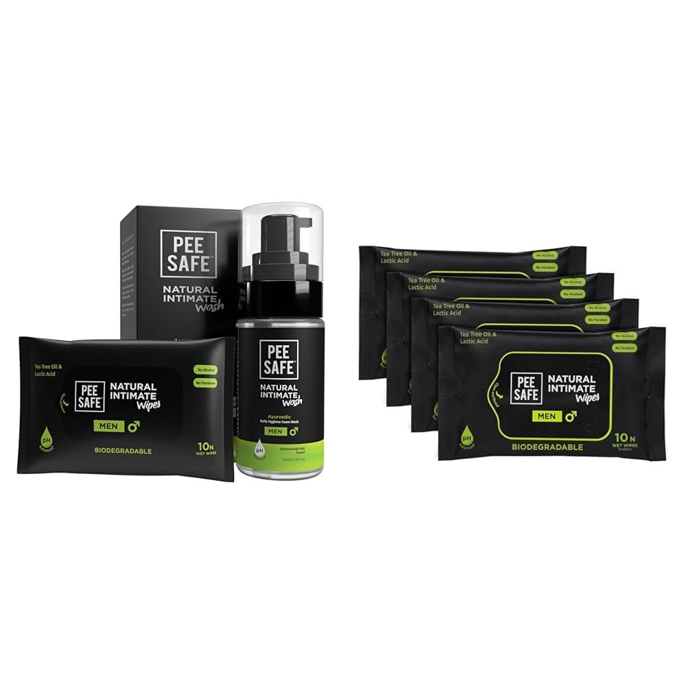Pee Safe Intimate Wash (100ml) & Intimate Wipes (Pack of 10) For Ever Lasting Freshness 100% Paraben And Sulfate Free & Pee Safe Intimate Wipes for Men,Biodegradable,pH balanced -40 Wipes (Pack of 4)