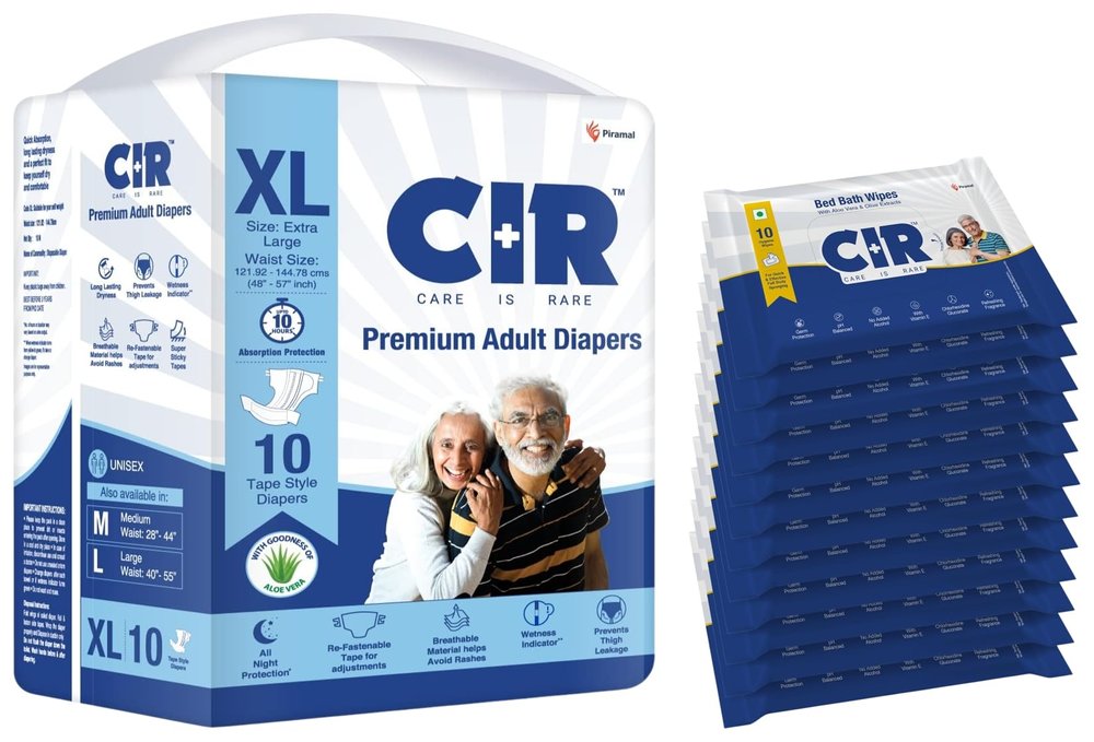 CIR Soft Body Cleansing Wet Bed Bath Wipes for Adults 10 Wipes(Pack of 12) & CIR Unisex Premium Adult Diaper-Tape Style All Night Protection With Aloe Vera Extra Large 10 Units