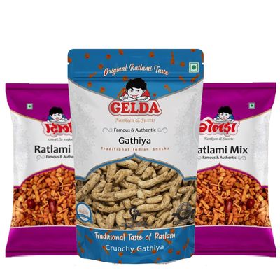 Gelda's Gourmet Ratlami Namkeen Collection Savor the Authentic Flavors of Garlic Gathiya, Khatta Meetha Mix, and Ratlami Mix in a 3-Pack (750g)