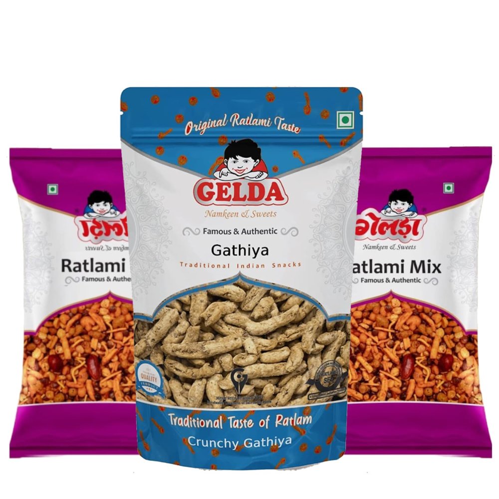 Gelda's Gourmet Ratlami Namkeen Collection Savor the Authentic Flavors of Garlic Gathiya, Khatta Meetha Mix, and Ratlami Mix in a 3-Pack (750g)