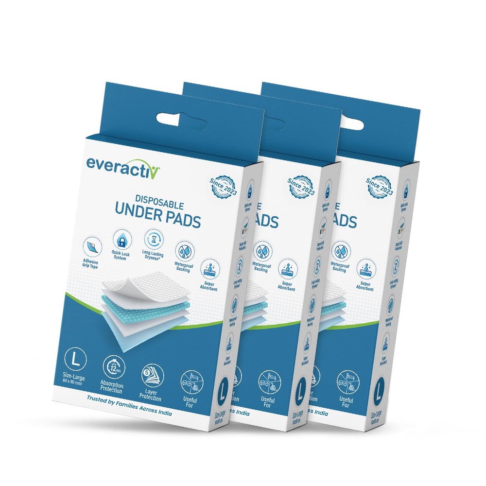 Everactiv Premium Underpads, Large (90X60Cm) | 5-Layer Protection | 12-Hour Absorption | Adhesive Grip Tape, Long-Lasting Dryness for Bladder Issues and Better Sleep (Pack of 3)