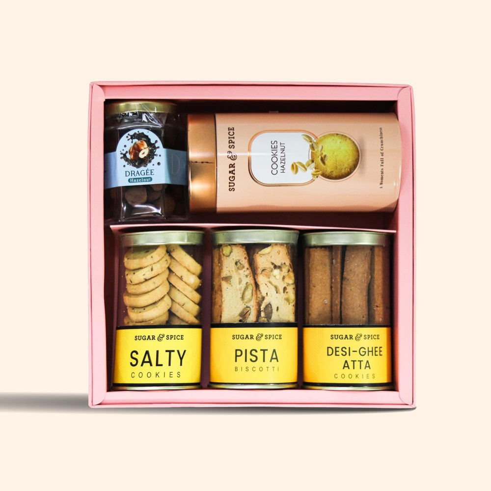 Sugar and Spice Christmas Gifting Hamper Box | Hazelnut Cookies, Hazelnut Dragee, Salty, Pista Biscotti, Desi Ghee Atta | Premium Festive & Corporate Gifting Hampers | Marble Peony Festive Gift Hamper