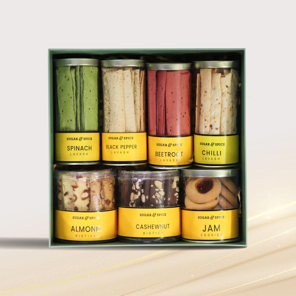 Sugar and Spice Christmas Gifting Hamper Box | Spinach Lavash, Beetroot Lavash, Chilli Lavash, Black Pepper Lavash, Almond Bistick, Cashewnut Bistick, Grandma Jam Cookies| Premium Festive & Corporate Gifting Hampers | Sage Delight Treasure Box