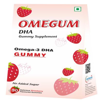 Aesthetic Omegum Omega-3 DHA 50mg Gummies | Heart Health & Brain Support | Fish Oil DHA Supplement | Adults & Kids | No Added Sugar | Strawberry Flavour