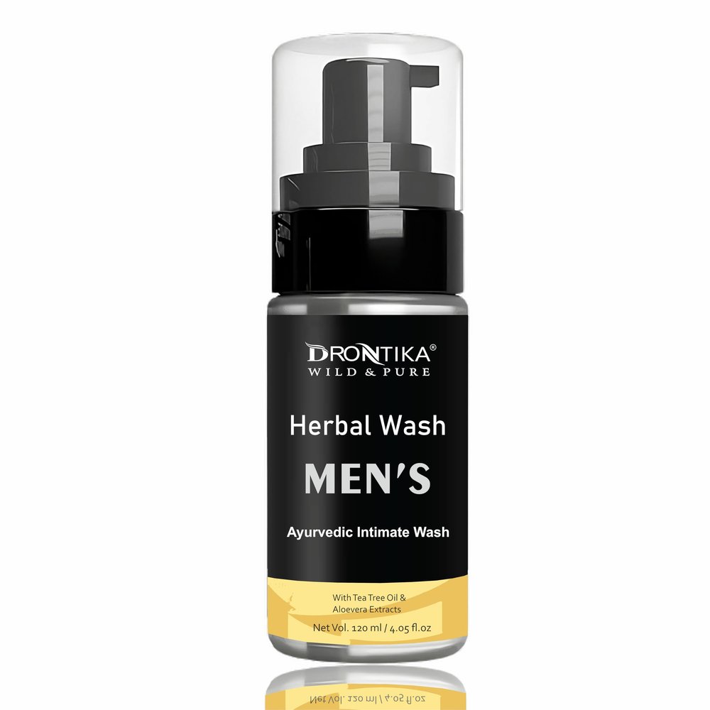 Drontika Wild & Pure Herbal Intimate Wash for Men with Tea Tree Oil & Aloe Vera Extracts | pH Balanced Foaming Hygiene Wash | Prevents Itching, Irritation & Bad Odor | 120 ml