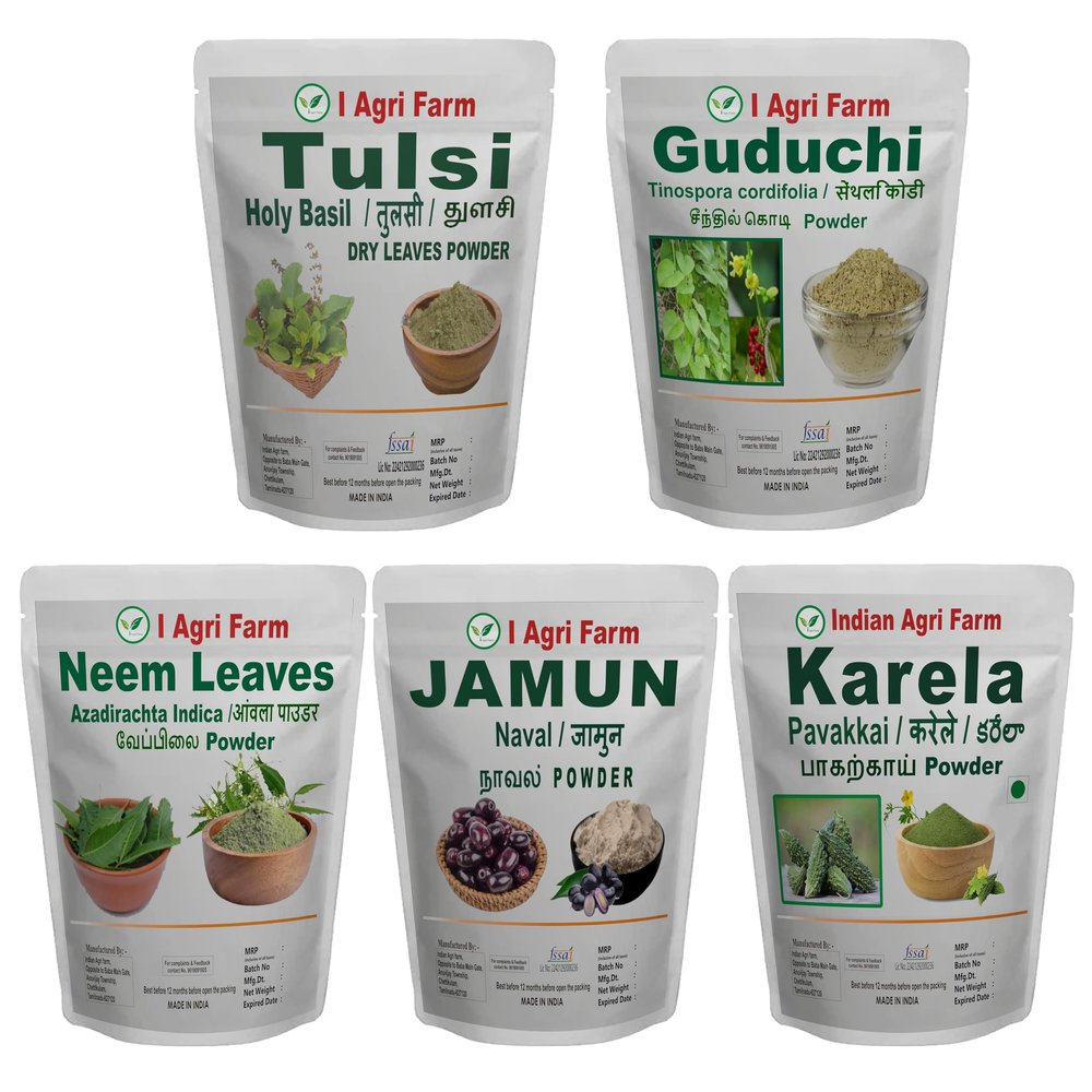 Iagrifarm Pack of 5 Tulsi/Giloy (Guduchi) / Jamun/Neem/Karela Powder / 100 g Each/Combo Pack