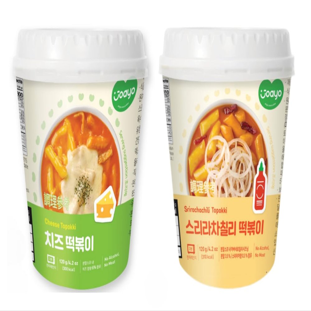Joayo Cheese & Srirachachili Topokki Rice Cakes with Spicy & Rich Flavorful Savory Sauce 120g Each, Pack of 2 Combo | Veg & Authentic Korean Topokki | The Product of Korea (Famous Korean Street Food)