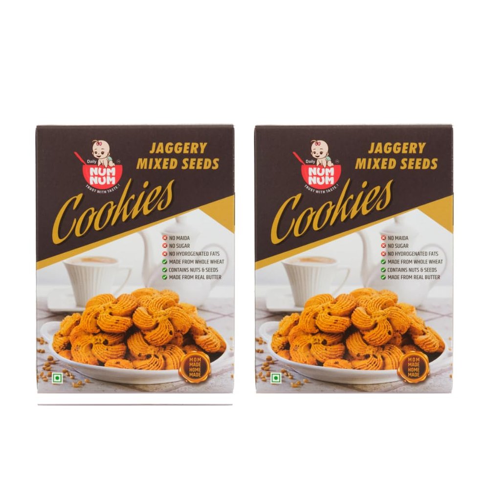 daily NUM NUM - Jaggery Mixed Seeds Cookies |Chia Seeds, Flax Seeds, Pumpkin Seeds, Sunflower Seeds | Sugar Free Cookies/Biscuits | For Baby kids & Adults, 150 Gms*2 | 300 GMs
