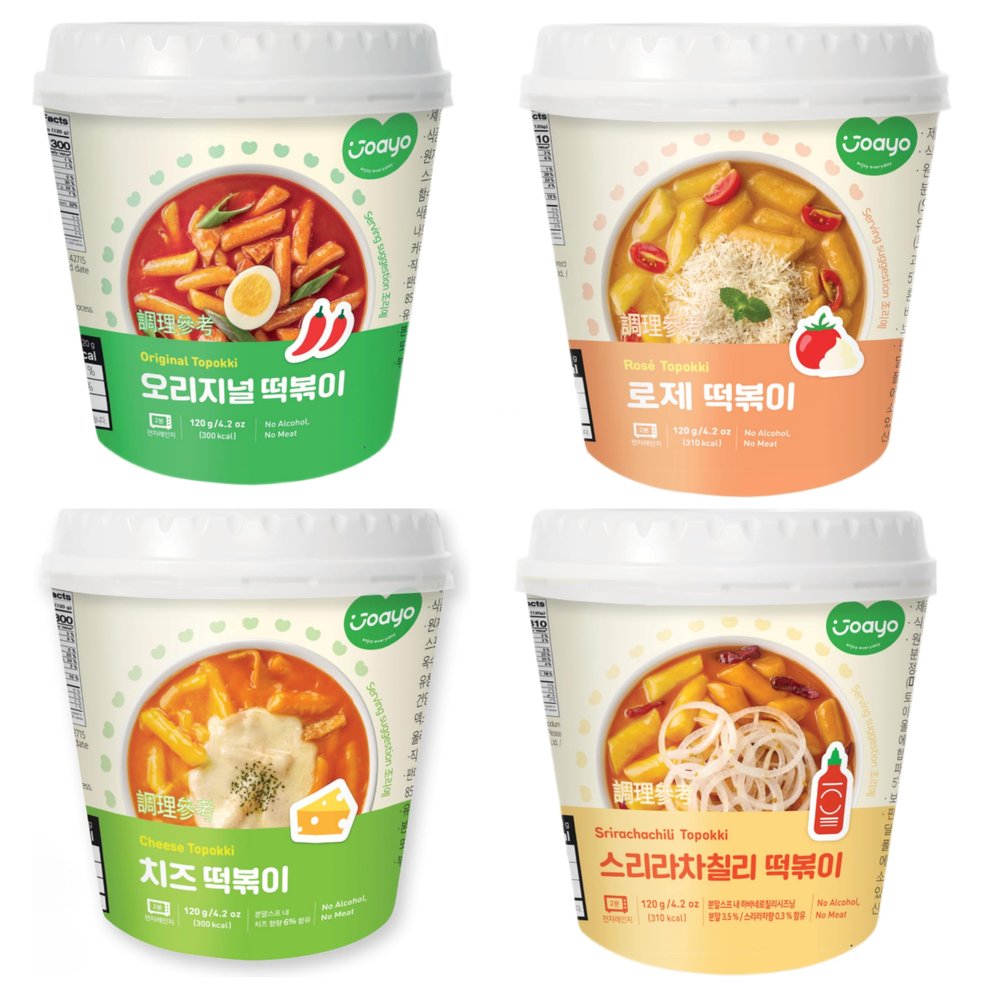 Joayo Original, Rose, Cheese & Srirachachili Topokki Rice Cakes with Spicy & Rich Flavorful Savory Sauce 120g Each, Pack of 4 | Authentic Korean Topokki | The Product of Korea (Famous Korean Street Food)