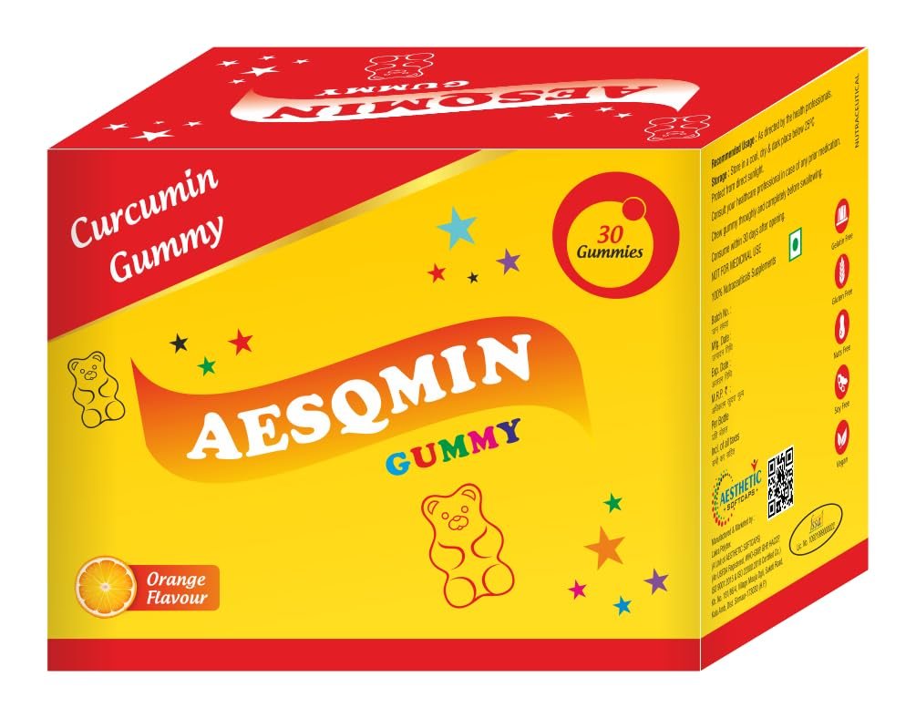 Aesthetic AesQmin Curcumin 130mg Gummies For Kids Men & Women | Brain & Body Improve Health | Flavour Orange | 30 Gummies