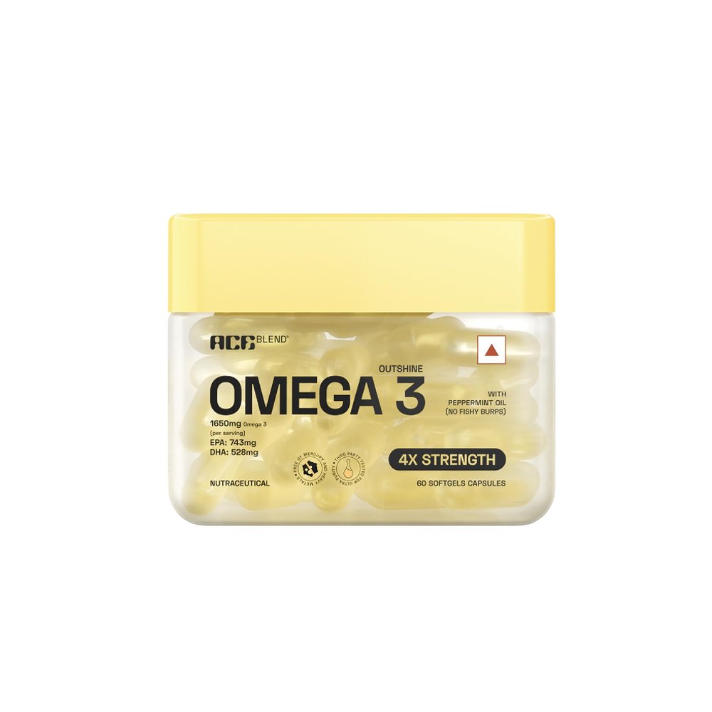 Ace Blend Outshine Omega 3 Fish Oil Capsules (180 Softgels) | 1650 Mg with 743 EPA & 528 DHA | 2 capsules for 4X Strength | No Fishy Burps | Supports Heart, Brain, Joints, Eye Health