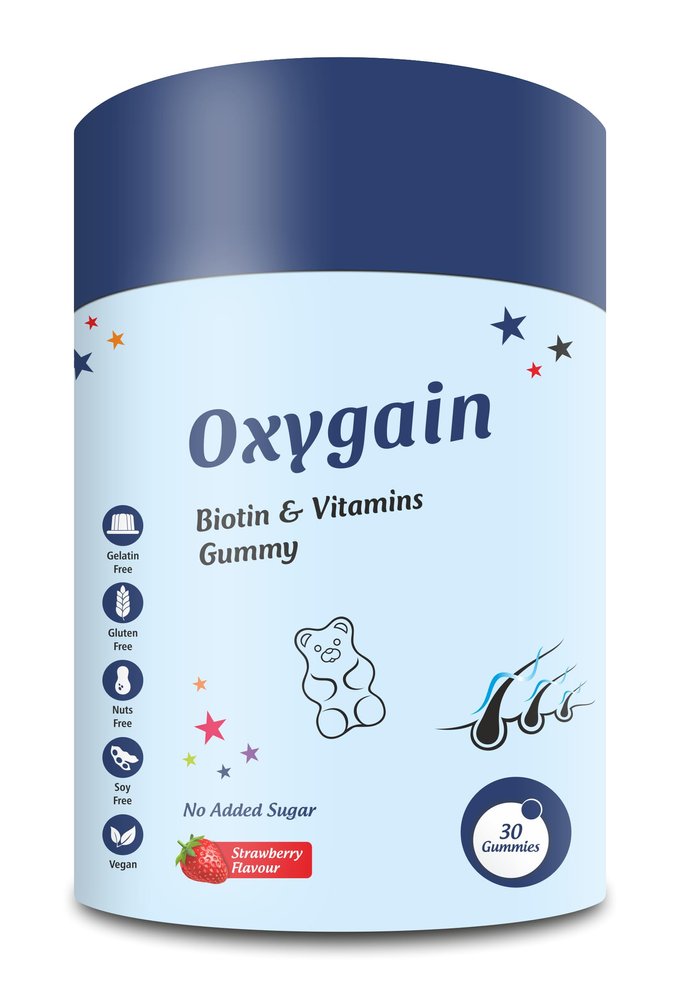 Aesthetic Oxygain Biotin Gummies With Vitamin C | Biotin 40mcg Supplement for Strong Hair, Glowing skin | No Added Sugar | Strawberry Flavour