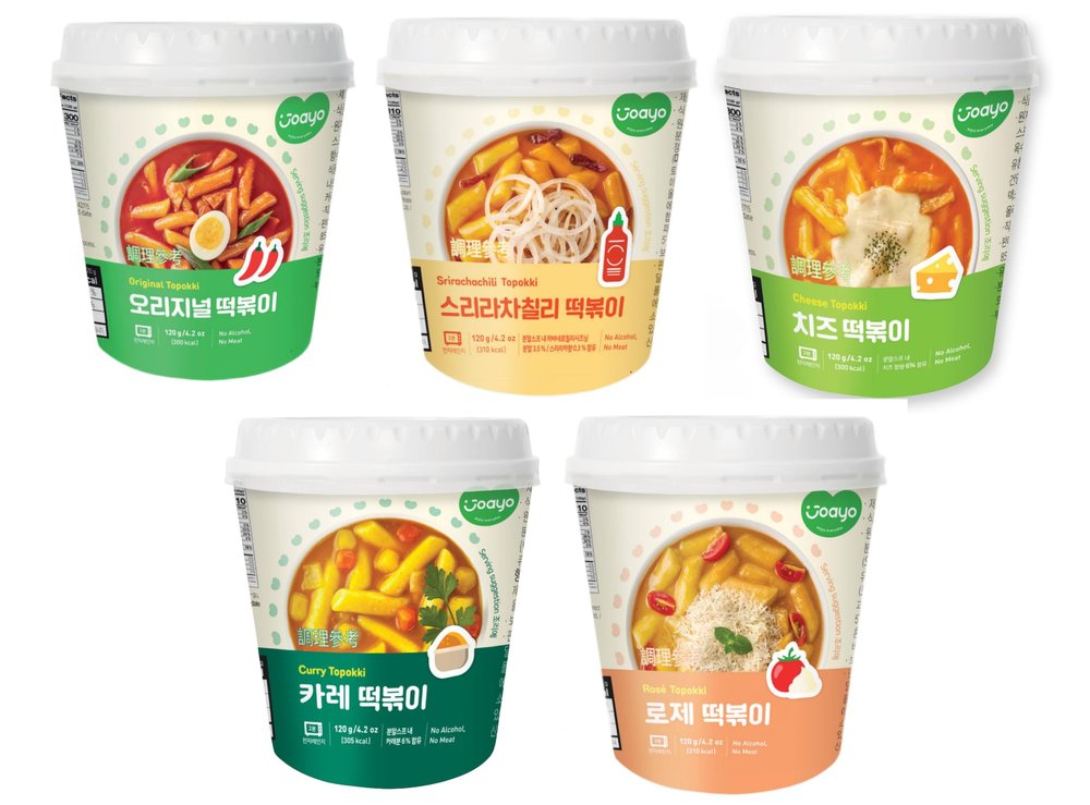 Joayo Original+Srirachachili+Cheese+Curry+Rose Topokki Rice Cakes with Spicy & Rich Flavorful Savory Sauce 120g, Pack of 5, The Product of Korea (Famous Korean Street Food)