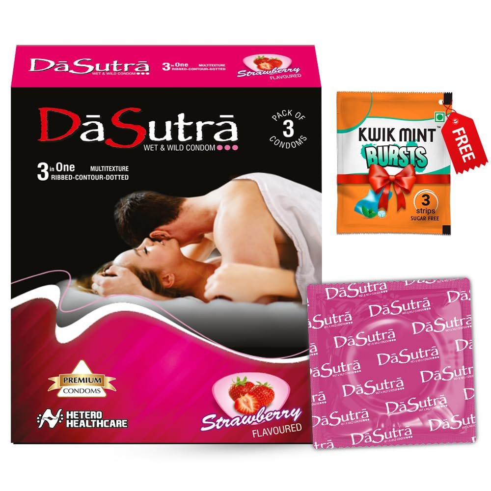 DaSutra Wet & Wild Condoms - 3's Pack Lubricated, Ribbed, and Dotted (Pack of 10, Strawberry)