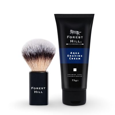 Forest Hill Set of 2 Men Grooming Shaving Kit, Black Lincoln Shaving Brush, Super Soft Bristles & Ergonomic Design & Fresh Aqua Shaving Cream 75g, Ideal For Personal & Professional Salon