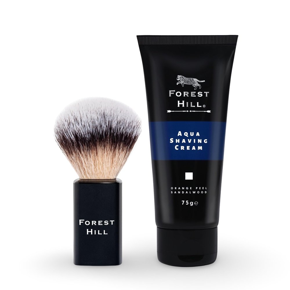 Forest Hill Set of 2 Men Grooming Shaving Kit, Black Lincoln Shaving Brush, Super Soft Bristles & Ergonomic Design & Fresh Aqua Shaving Cream 75g, Ideal For Personal & Professional Salon