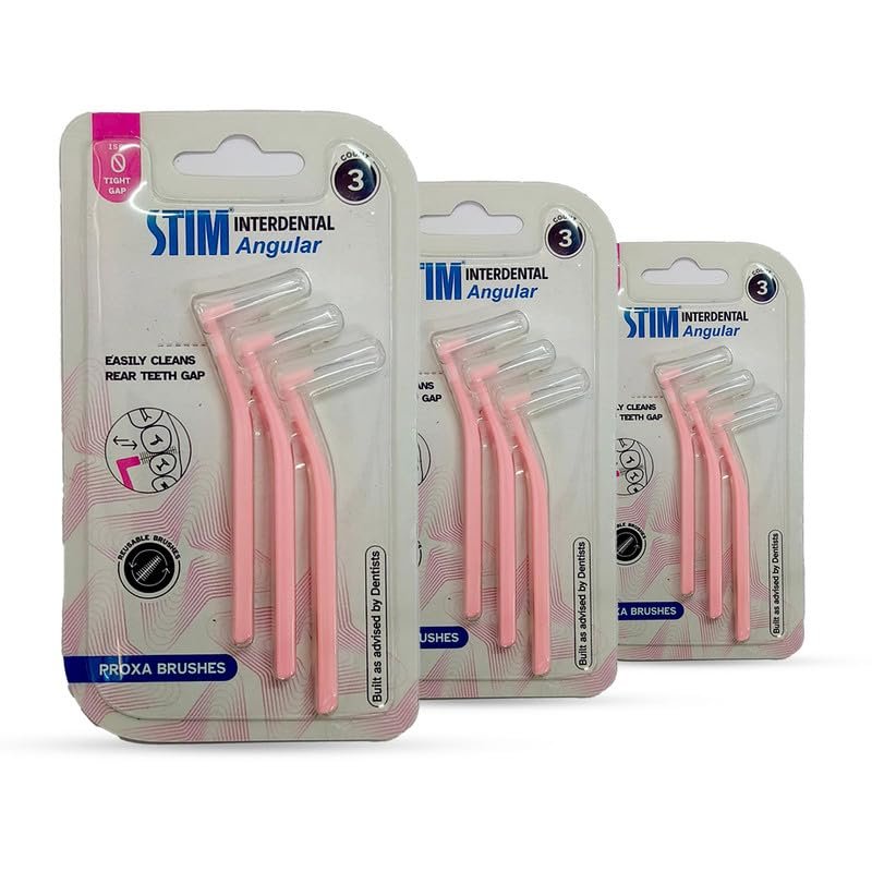 STIM Interdental Angular Iso 0-3'S For Tight Gaps,Dentist Recommended,Easy Cleaning Between Teeth,Made In India (Pink,9 Brushes,Pack Of 3,Manual,Adults)