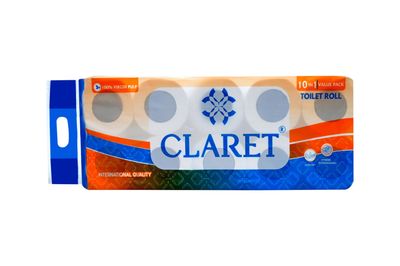 Claret Virgin Pulp Toilet Rolls 2-Ply 10x10 cm - 200 Pulls per Roll, Pack of 10 - OBA-Free, Skin-Friendly & Ultra Comfort Quilted Bathroom Tissue for Family Care