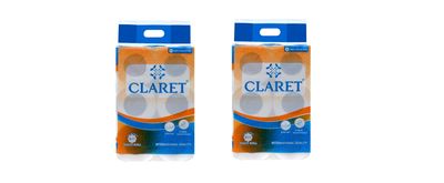 Claret 2-Ply Soft & Natural Toilet Paper Rolls, 200 Pulls/Roll, 10x10 cm, Pack of 2 (6 Rolls Each) Septic Safe, Hygienic, Absorbent Tissue for Home & Office Use