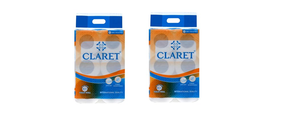 Claret 2-Ply Soft & Natural Toilet Paper Rolls, 200 Pulls/Roll, 10x10 cm, Pack of 2 (6 Rolls Each)  Septic Safe, Hygienic, Absorbent Tissue for Home & Office Use